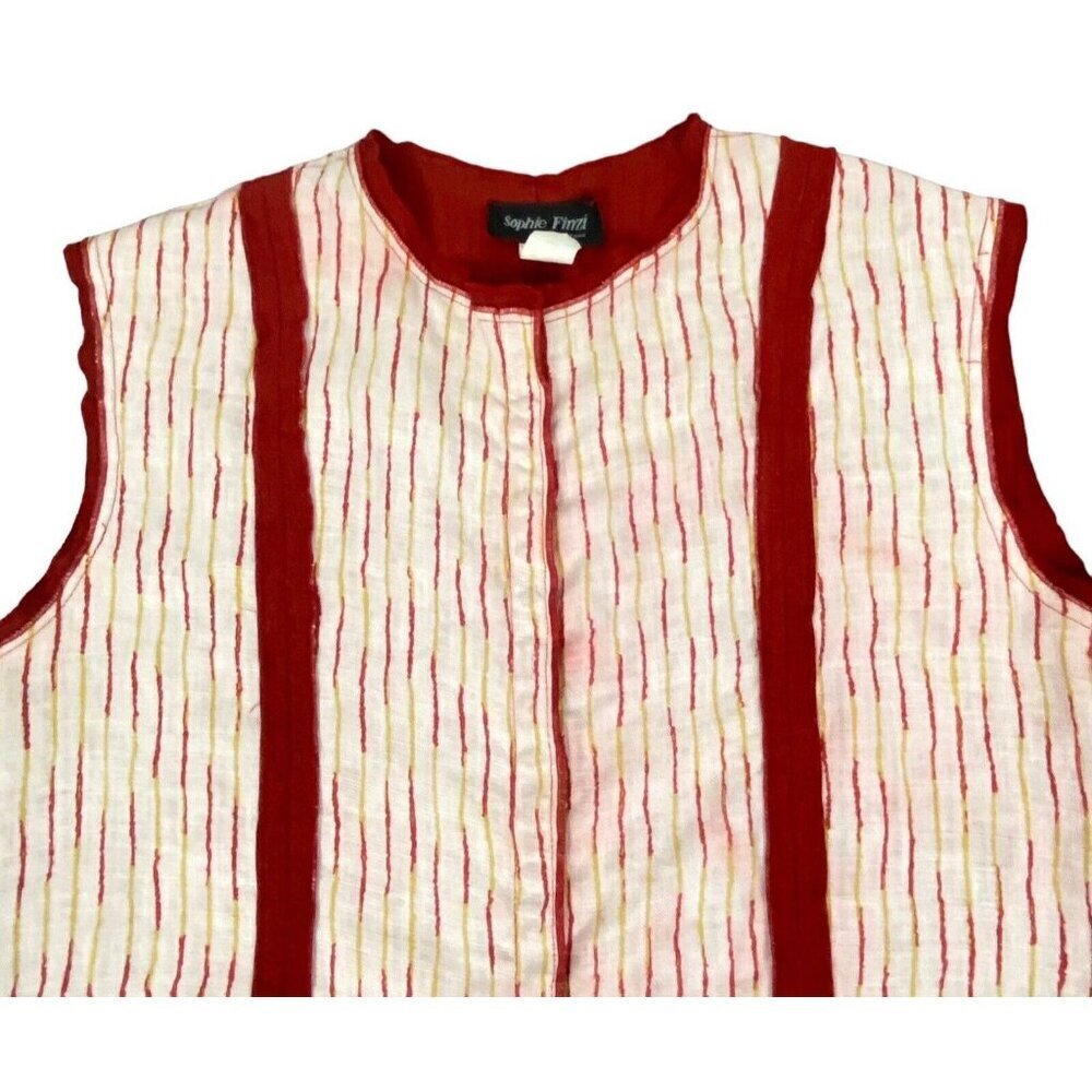 Vtg SOPHIE FINZI NY Women Washed Linen Top Sz L Red Stripe Sleeveless Snap Front - Picture 3 of 10